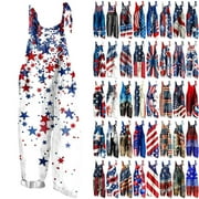 4th of July Romper for Women Plus Size Fashion American Flag Print Bib Overalls Loose Fit Casual Sleeveless Wide Leg Jumpsuits with Pockets Multicolor 3XL